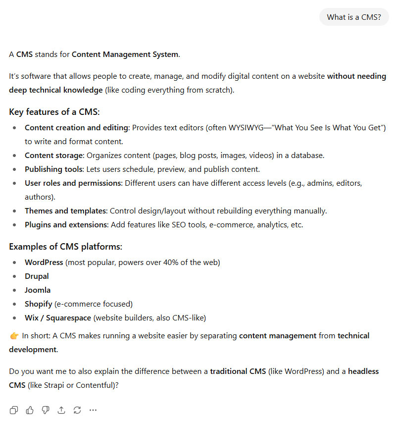 2 ChatGPT's answer to the question "What is a CMS?"