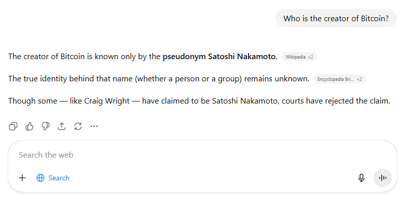 ChatGPTs Web Search answer to the question Who is the creator of Bitcoin ChatGPT Web Search answer to the question Who is the creator of Bitcoin?