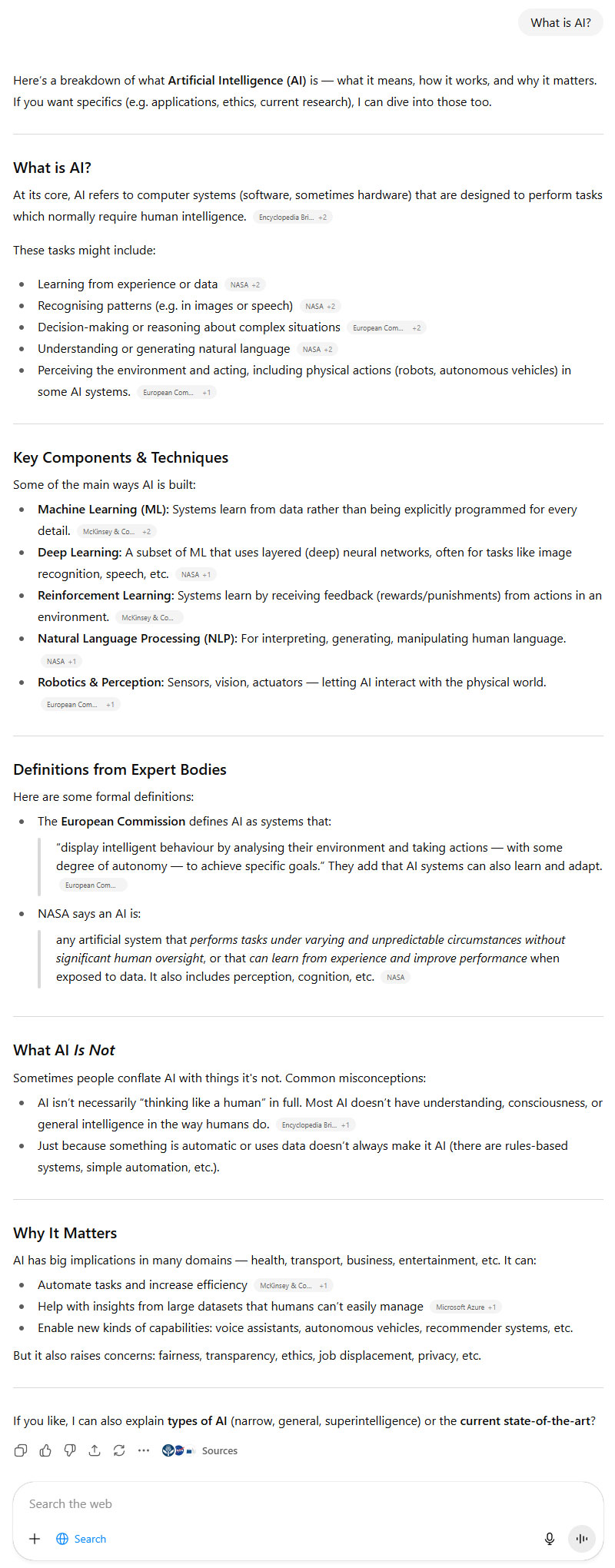 ChatGPTs Web Search answer to the question was What is AI ChatGPT Web Search answer to the question was What is AI?