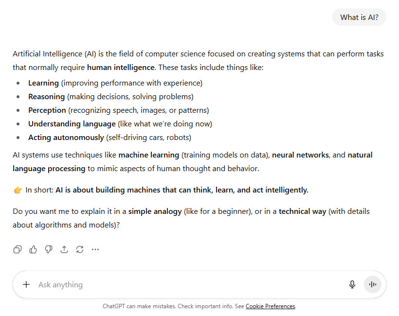 ChatGPTs answer to the question What is AI ChatGPT’s answer to the question “What is AI?”