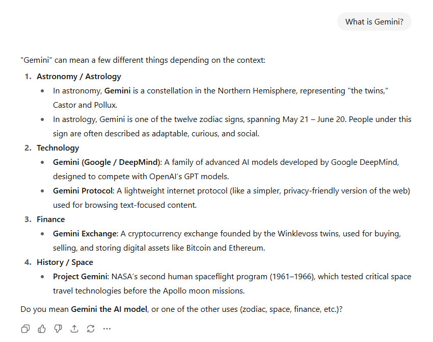 ChatGPTs answer to the question What is Gemini ChatGPT's answer to the question “What is Gemini?”