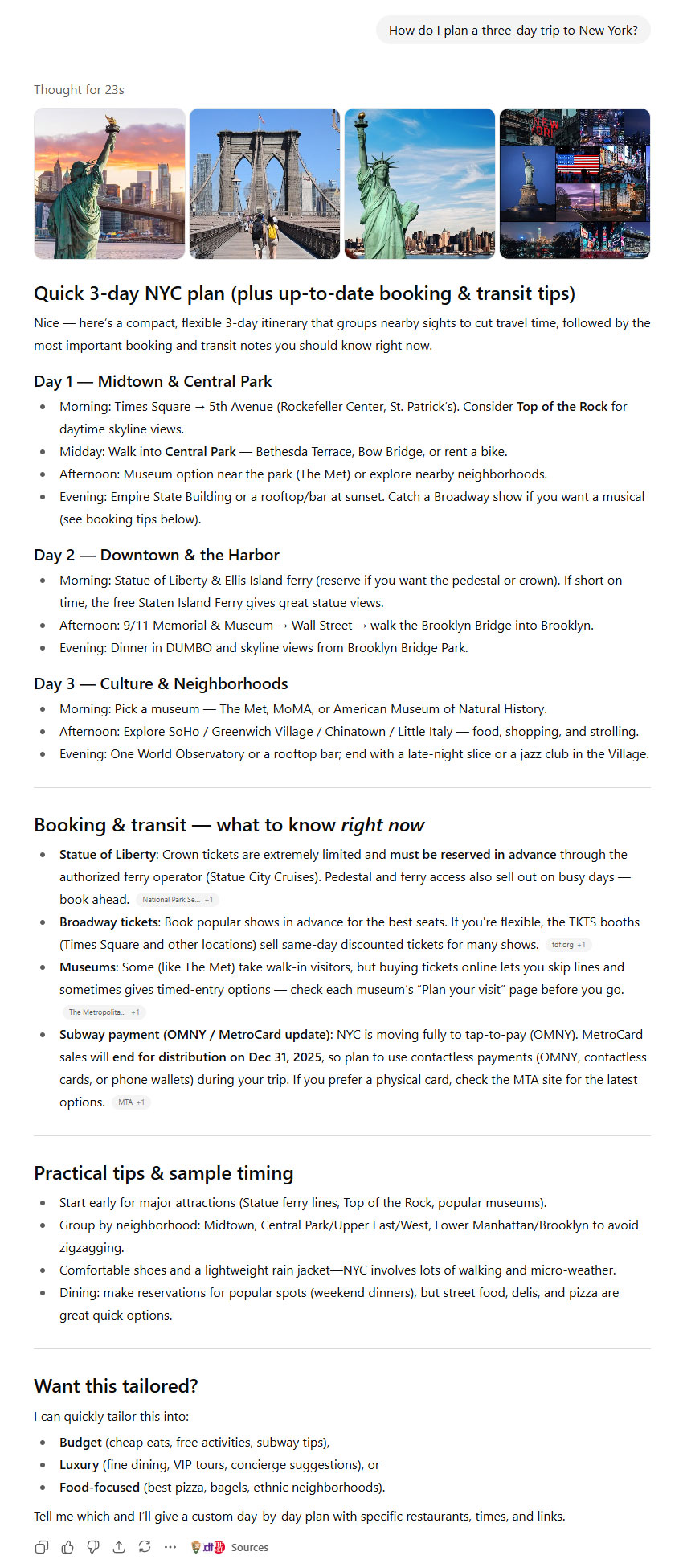 ChatGPTs answer with the Think Longer mode to the question of how to plan a three day trip to New York ChatGPT's answer, with the Think Longer mode, to the question of how to plan a three-day trip to New York