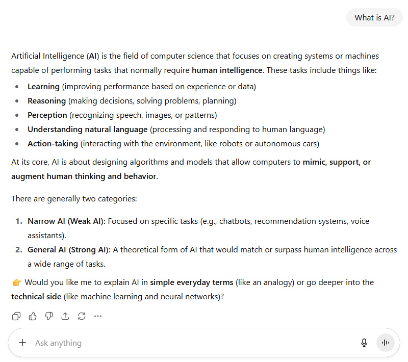 ChatGPTs default answer to the question was What is AI ChatGPT's default answer to the question was What is AI?