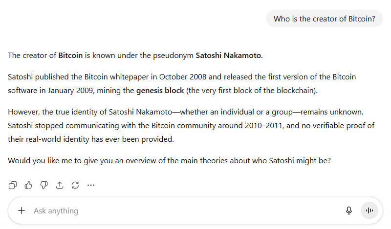 ChatGPTs simple answer to the question Who is the creator of Bitcoin ChatGPT's default answer to the question Who is the creator of Bitcoin?