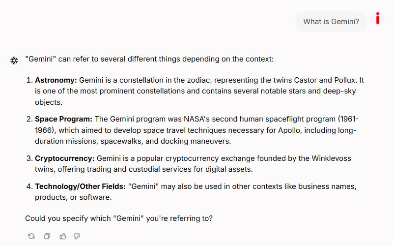 Chatbot Apps answer to the question What is Gemini Chatbot App's answer to the question “What is Gemini?”