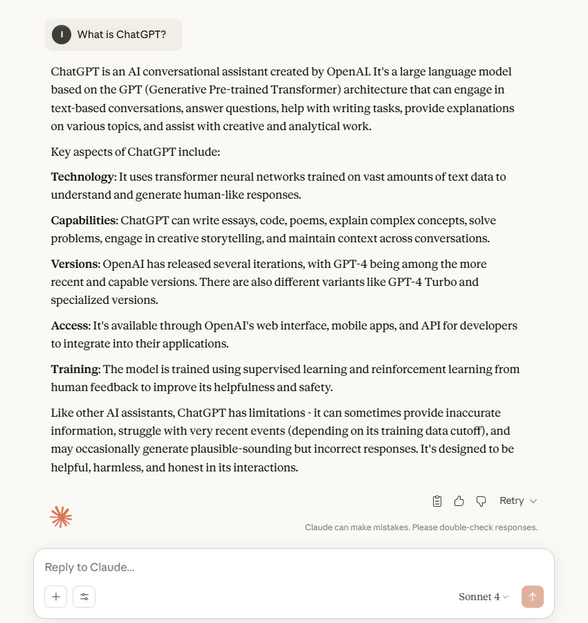 Claudes answer to the question What is ChatGPT Claude’s answer to the question “What is ChatGPT?”