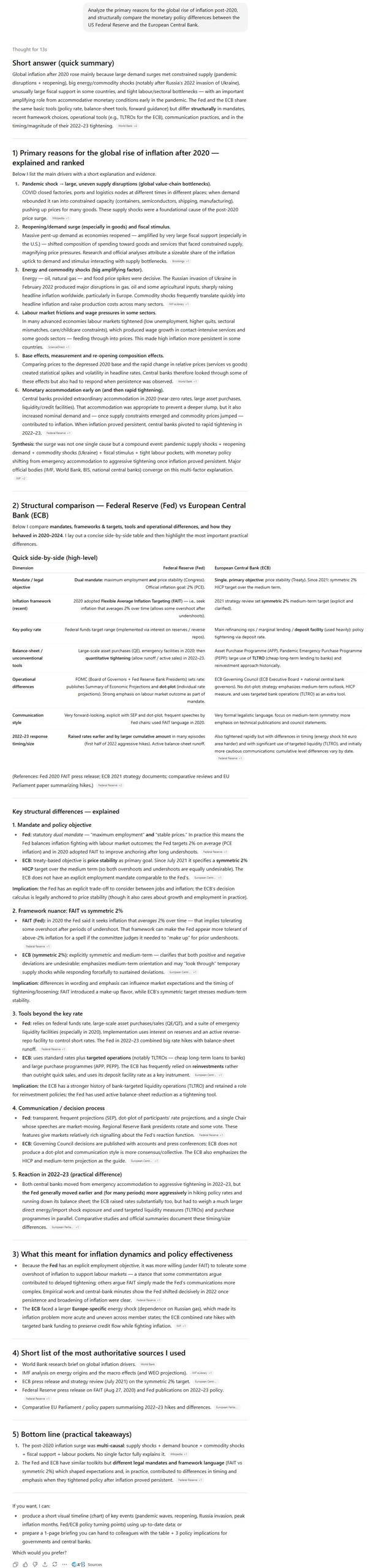 Default Answer 2 ChatGPT's default answer to the question "Analyze the primary reasons for the global rise of inflation post-2020, and structurally compare the monetary policy differences between the US Federal Reserve and the European Central Bank."