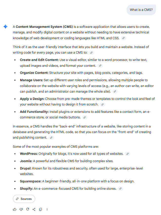Geminis answer to the question What is a CMS Gemini's answer to the question "What is a CMS?"