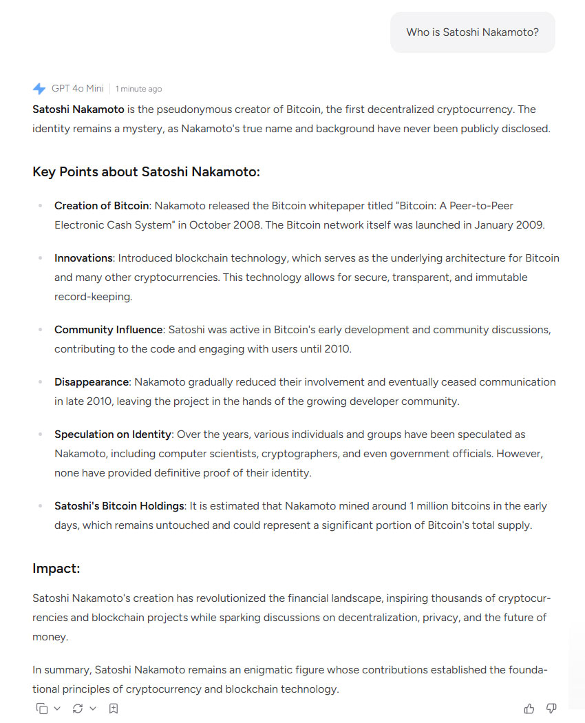 Merlin AIs answer to the question Who is Satoshi Nakamoto Merlin AI’s answer to the question Who is Satoshi Nakamoto?