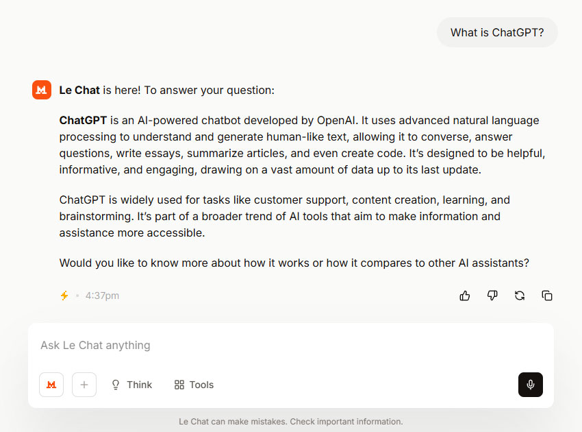 Mistral AIs answer to the question What is ChatGPT Mistral AI’s answer to the question “What is ChatGPT?”