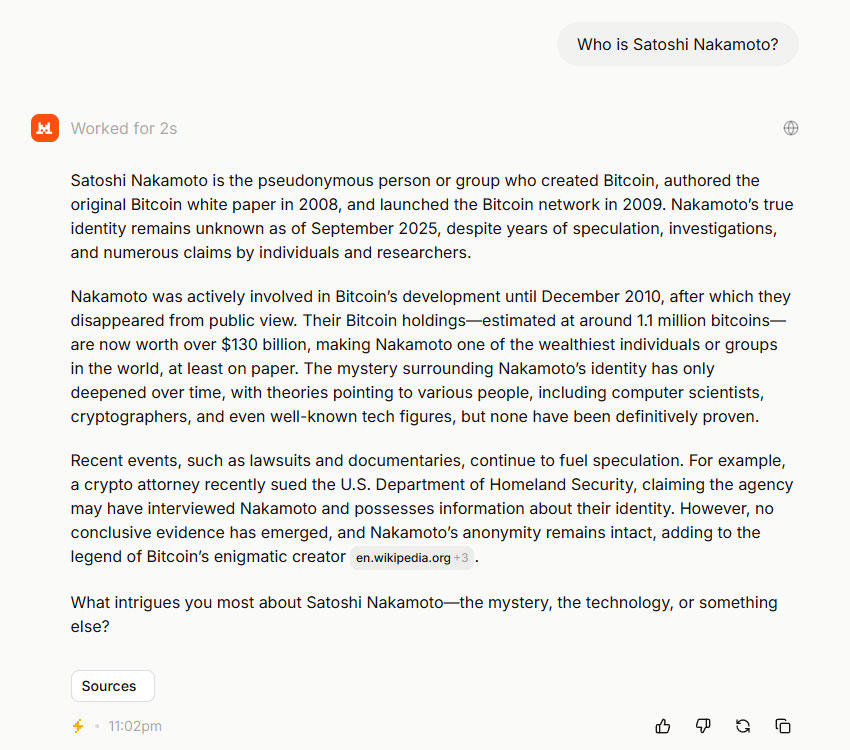 Mistral AIs answer to the question Who is Satoshi Nakamoto Mistral AI’s answer to the question Who is Satoshi Nakamoto?